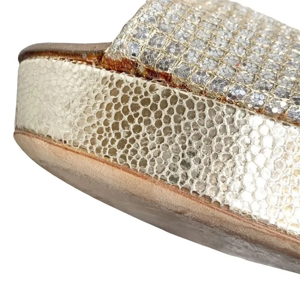 Jimmy Choo Gold Champagne Glitter Luna Peep Toe Platform Pumps Women’s Size 38.5